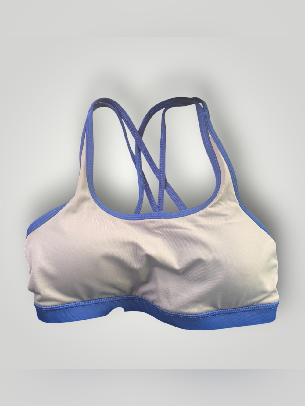 WITH Wear It To Heart Beige w Blue Sports Bra with Strappy Mesh Back Size Small